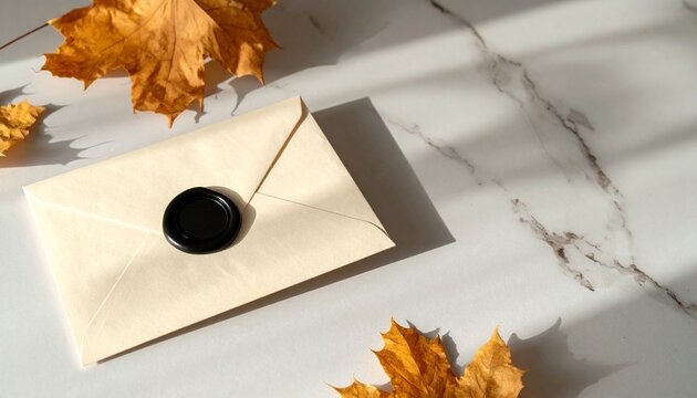 Elegant Paper Envelope Sealed with Black Wax Featuring Autumn Foliage for a Festive Halloween Invitation or Seasonal Stationery Background Design