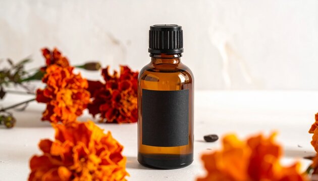 Halloween Natural realistic product mockup photography featuring a blank amber glass apothecary serum bottle surrounded by bright orange marigold flowers