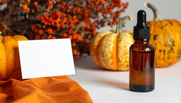 Blank Card Mockup with Amber Glass Dropper Bottle and Fall Pumpkins for Halloween Seasonal Skincare and Autumn Wellness Product Promotion