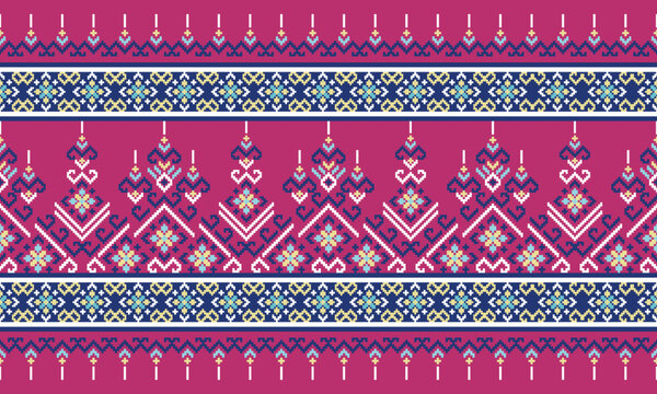 Seamless border pattern inspired by traditional Thai and Southeast Asian hill tribe textile embroidery, featuring geometric pixel motifs on a magenta background.