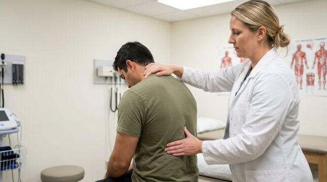 Female doctor examines man's back in medical office for pain assessment and treatment consultation.
