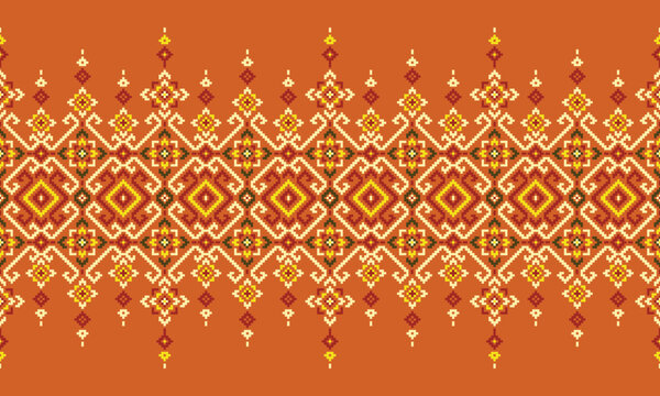 abstract floral background. Authentic Isan Thai traditional hand-woven fabric pattern with intricate geometric diamond and zig-zag motifs in warm orange and brown tones.
