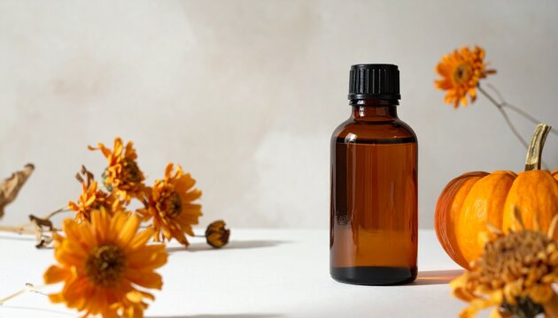 Autumnal Aesthetic with Amber Glass Apothecary Bottle and Halloween Seasonal Dried Flowers and Pumpkin Decoration for Natural Product Mockup