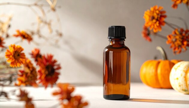 Aged Amber Glass Apothecary Bottle Mockup Surrounded by Seasonal Autumn Flowers and Pumpkins for a Festive Halloween Aromatherapy Essential Oil Display