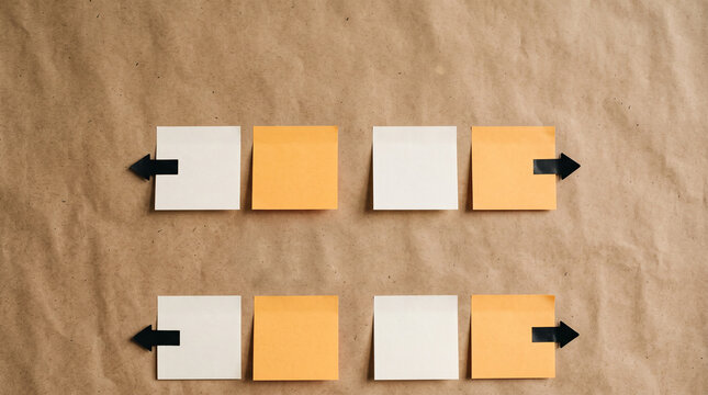 Pairs of blank sticky notes on brown kraft paper with black arrow markers pointing apart, opposing views and disagreement concept 