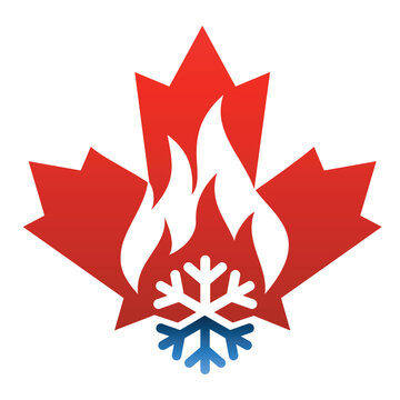 Maple leaf with hot and cold symbol. 
Canada heating  and cooling logo design vector.