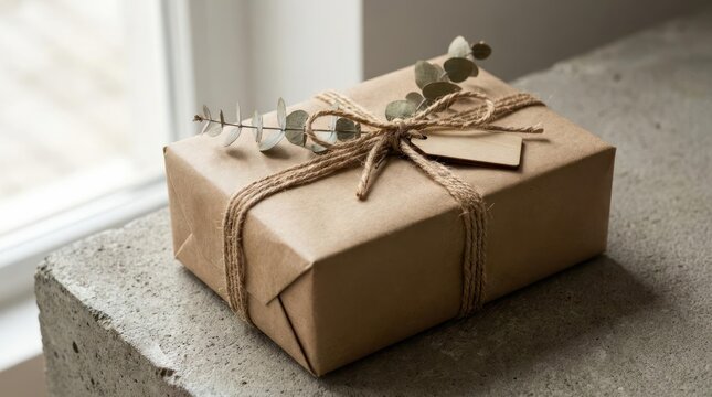 Brown paper gift wrap with eucalyptus and twine