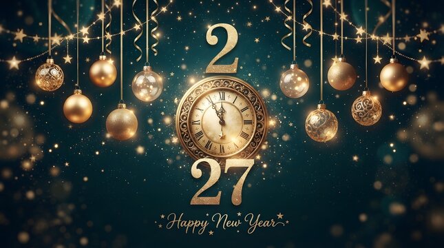 Festive new years eve celebration with golden clock and hanging lights