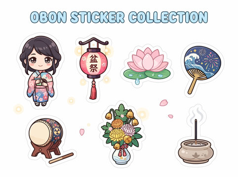 Traditional Japanese Obon Cultural Stickers Set.