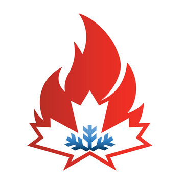 Maple leaf with hot and cold symbol. 
Canada heating  and cooling logo design vector.