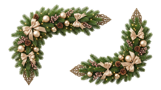 Festive christmas garland swags decorated with gold ornaments isolated on transparent background