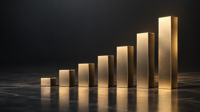 Stable broad-base metallic columns rising with disciplined geometric spacing, corporate operating profit visualization, minimal high-end annual report aesthetic