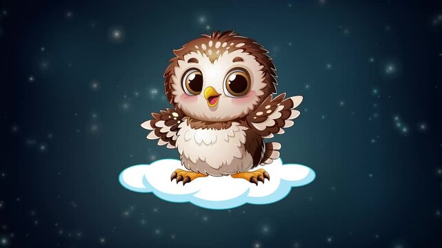 Cute Cartoon Owl Floating on a Cloud in Starry Night Sky