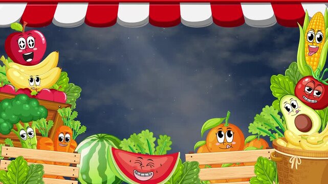 Cartoon Fruit and Vegetable Market Frame Animation with Copy Space