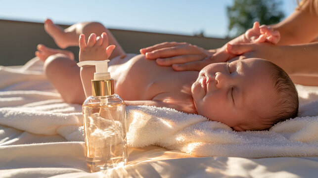 happy smiling baby with curly hair lying on white bed beside a bottle of natural baby oil in soft morning light representing gentle skin care and parenting