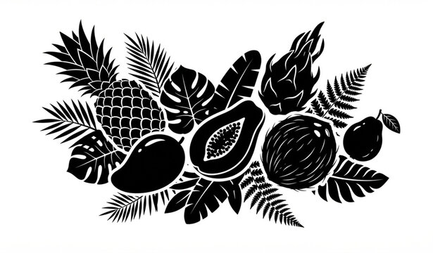 Tropical Exotic Fruits Pineapple Mango Coconut and Dragonfruit Silhouette Vector