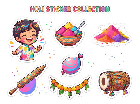 Holi Celebration Sticker Icons Pack.