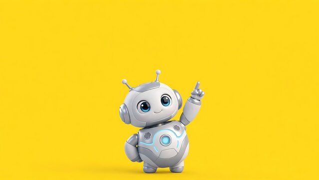 Friendly cartoon robot mascot pointing up with cute expression