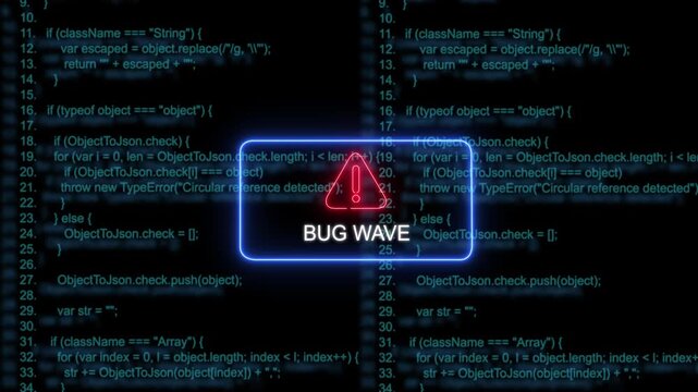 Digital cyber security warning featuring a glowing neon bug wave alert overlaid on scrolling javascript programming code background, for software development, system error, and, network threat concept