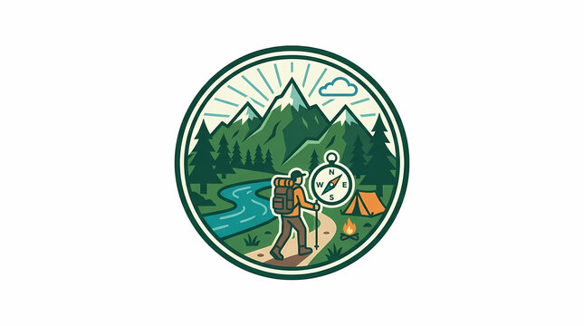 Vintage Outdoor Adventure Emblem, Mountain Hiking Camping Patch, Wilderness Explorer Emblem Illustration