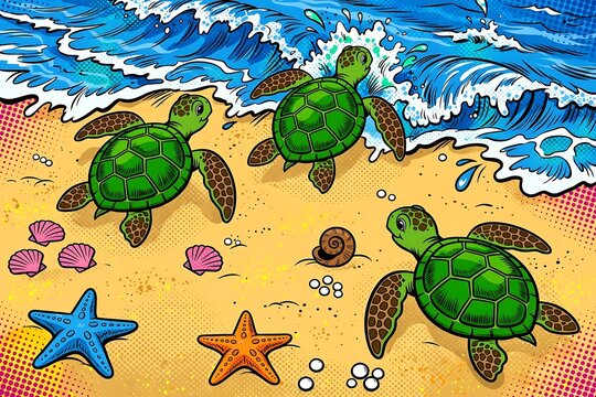 Seamless Sea Turtle Pattern with Cute Cartoon Ocean Animals, Green Turtle Shells and Underwater Wildlife, Colorful Vector Illustration for Nature and Marine Design