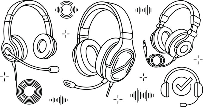 Audio headphones icon set with gaming headset microphone jack cable sound waves line art communication vector illustrations