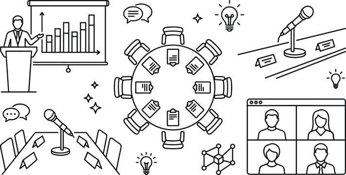 Business conference icon set with presentation roundtable webinar microphone video meeting line art illustrations for corporate training seminars