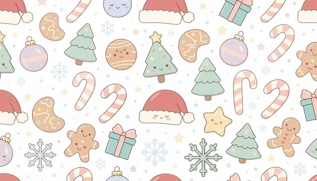 Kawaii Christmas holiday doodle characters with gingerbread and trees pattern