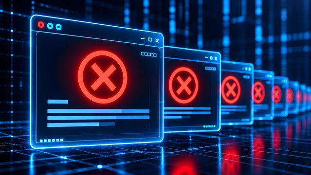 Multiple glowing digital windows displaying red cross error signs in cyberspace representing software crash system failure and blocked internet access