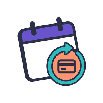 Recurring payment calendar icon, flat vector illustration of subscription billing cycle, credit card renewal symbol for finance app, banking interface element, isolated design for web and mobile UI