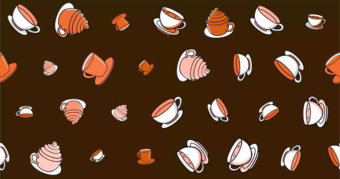 Coffee Cups And Croissants Motif Scatter Pattern In Brown And Orange Vector Style