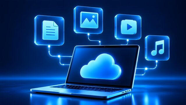 Glowing blue cloud computing concept on laptop screen with floating multimedia icons representing digital data storage and online file management