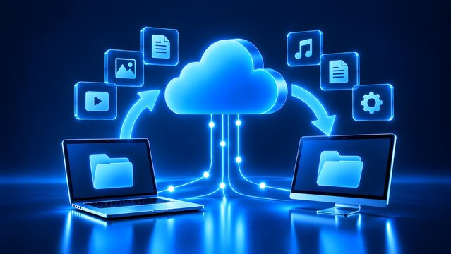 Glowing 3D cloud computing symbol synchronizing data between laptop and monitor with multimedia icons on dark blue background