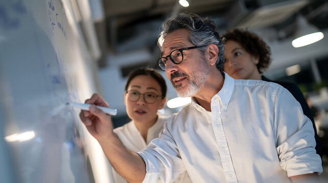 confident team leader drawing project plan on white board in front of coworkers showing brainstorming leadership and creative problem solving in a startup workplace