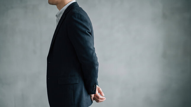 Businessman standing with hands behind back in dark suit against gray wall
