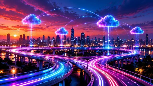 Interconnected global cloud computing network over illuminated highway interchange and smart city infrastructure at vivid sunset