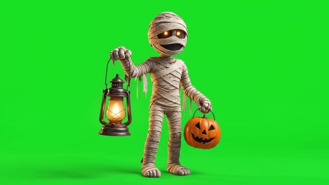 Cute cartoon mummy walking with a glowing lantern and a jack-o-lantern pumpkin on a green screen chroma key background