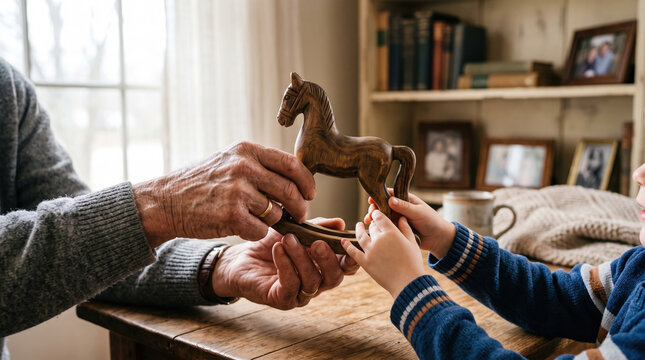 Grandfather passing wooden toy to child, family bonding moment filled with warmth and joyful intergenerational connection