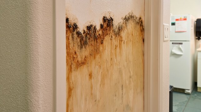 Fungal growth and water staining appear on a interior wall and doorframe.