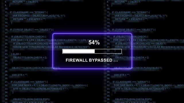 Dynamic cyber security interface featuring a progress bar loading screen with firewall bypassed text overlay against a scrolling background, of complex software, source code for, advanced digital