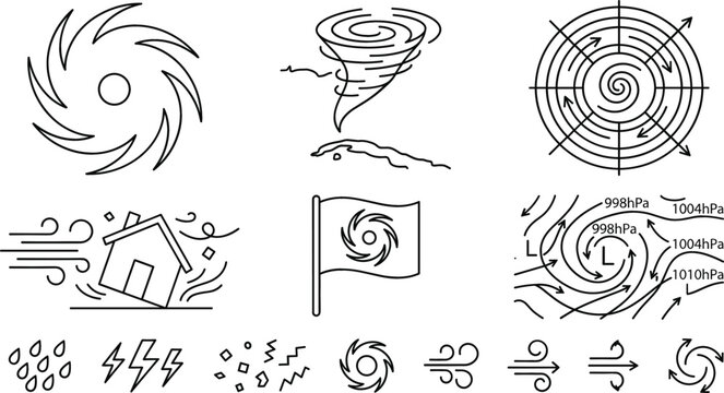 Hurricane vector icon set featuring tornado cyclone isobar weather map damaged house warning flag line art graphic illustrations