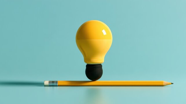 Creative concept of yellow light bulb balanced on sharpened yellow pencil on blue background symbolizing idea invention and innovation