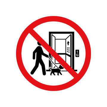 No dogs allowed in elevator warning icon featuring black pictogram of man with pet on leash inside red circle on transparent background for safety signage.