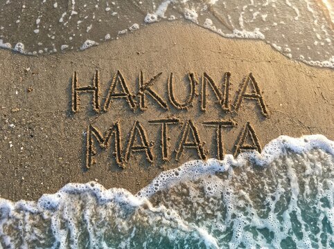 Hakuna Matata text written on sandy beach ideal for travel and wellness media symbolizing a carefree mind peace and serene relaxation