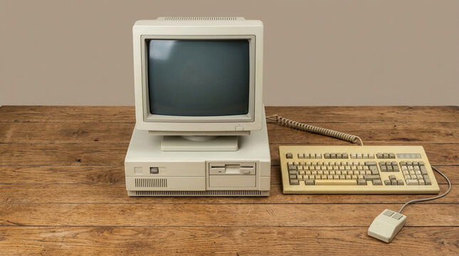 Classic Vintage Computer Workstation on Rustic Wooden Table Top View