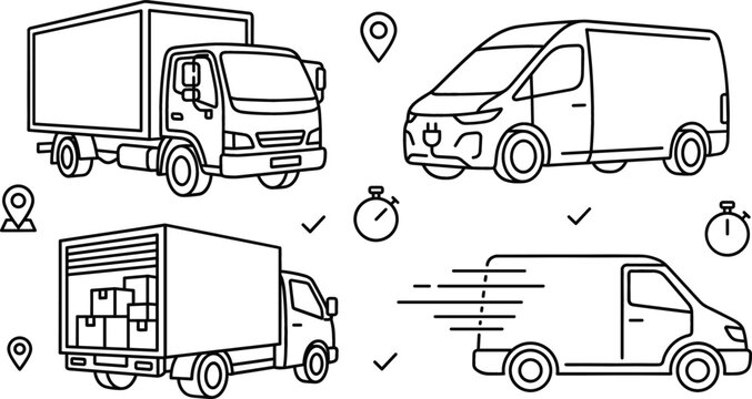Logistics delivery trucks and electric cargo van linear vector icon set featuring fast shipping vehicles and tracking timers