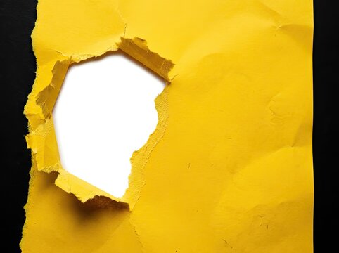 Torn yellow paper hole revealing white space suitable for creative design copy space symbolizing breakthrough discovery and new reveals