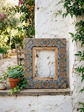 Ornate Wooden Picture Frame on a Textured Wall Outdoors.