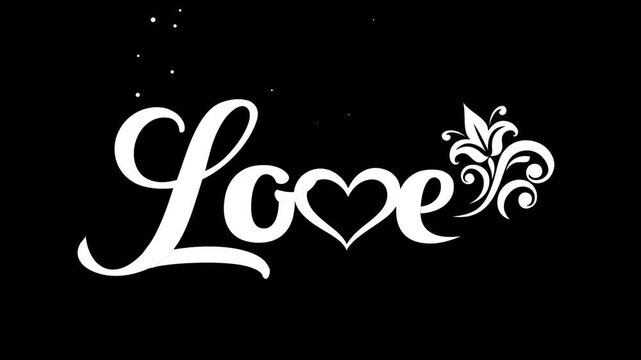 Love White Script Text Animation with Heart Symbol and Floral Ornament
