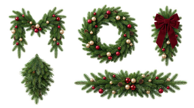 Christmas wreath and pine garland decorations set isolated on transparent background
